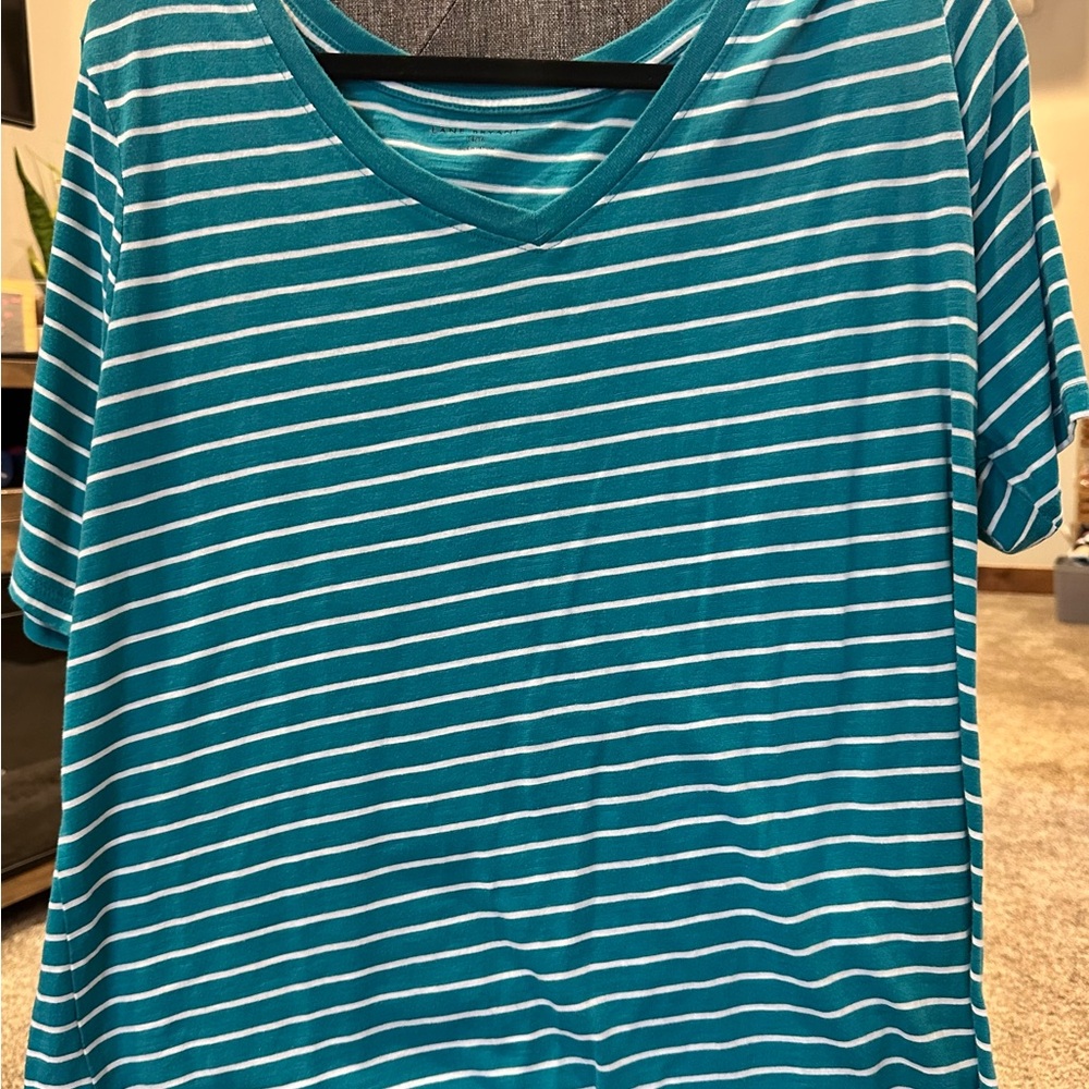 Lane Bryant Teal and White Striped V-Neck Tee